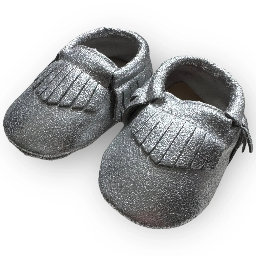 NWT Silver Genuine Leather Baby Moccasins - 18-24 Months